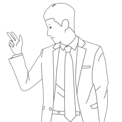 右横を向きながら右手をピースを崩した形で掲げているスーツを着た男性のイラスト